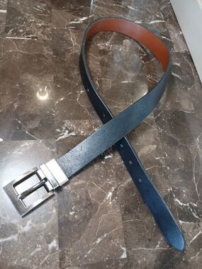 Reversible Black Genuine Leather Belt with Silver Buckle
